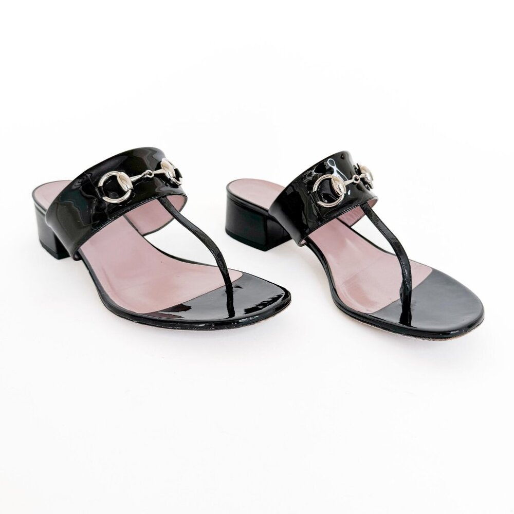 Gucci Lilane Horsebit Thong Sandals EU 37.5 US 7.5 Black Patent Low Block Heel